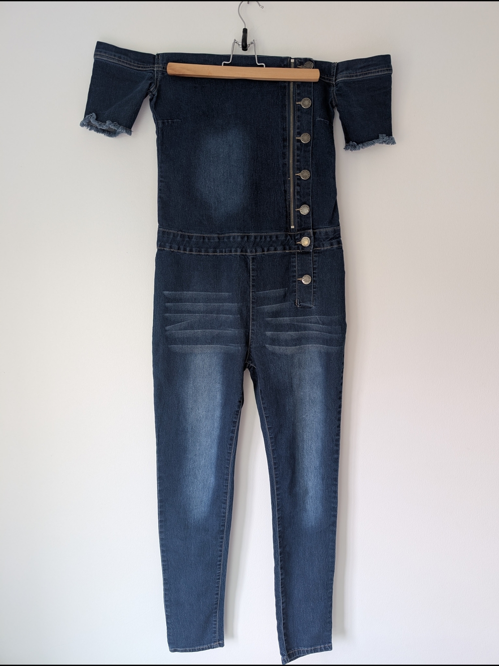 VIP Jeans - Off-Shoulder Assymetric Zip Dark Blue Denim Jumpsuit Size M
